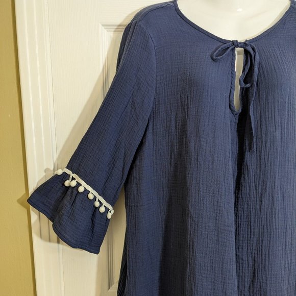 KOANDAILY Navy Pom-Pom Bell Sleeves Boho Midi Dress - size 3XL* NWT - Picture 4 of 11